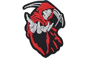 PATCH KING Heavy Metal Aufnäher: Sensenmann - The Reaper Patch Totenkopf Stickerei Death Head - Biker Geschenk Rocker Aufbügler DIY Applikation für Shirt/Jacke/Weste/Kutte - 130x95mm