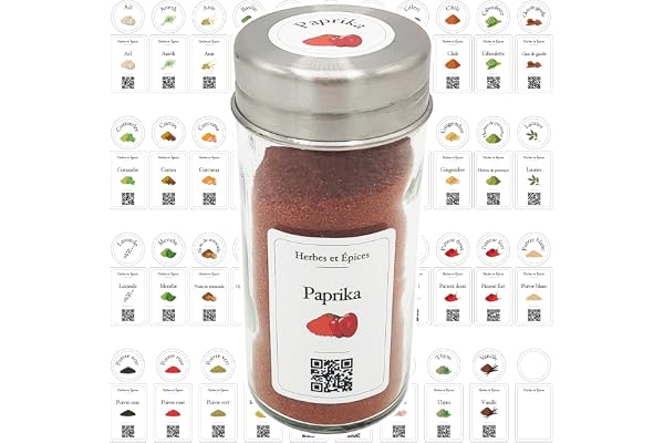 90 Etiquette Epices Francais, avec illustrations, élégantes, matériau imperméable et lavable, QR Code pour des recettes, étiquette epices cuisine français, étiquette epice français