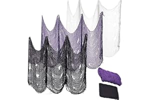 JINXIAN 3PCS Halloween Creepy Cloth 200 x 80CM Scary Spooky Fabric Spooky Cheesecloth Fake Web Halloween Gauze for Halloween Party Haunted Houses Outdoor Window Party(Black/Purple/White)