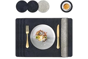 IAGORYUE Placemats and Coaster Sets 4, Leather Floral Dining Table Mats 30x43 cm Waterproof Dual Sided Two-Color Kitchen Place Mats Heat Resistant Non-Slip Washable Coffee Mat for Restaurant Hotel (Black Grey)