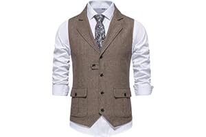 MAKINGDA Men's Herringbone Tweed Waistcoats V Neck Casual Suit Vest for Formal & Informal Occasions