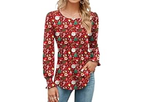 Rapbin Women's Long Sleeve Tops Fall Puff Tunic Tops Pleated Crew Neck T-Shirts Casual Loose Blouses with Smocked Cuffs