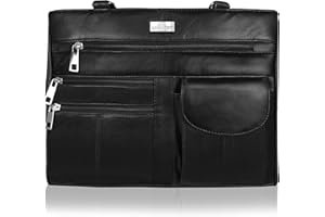 Quenchy London Ladies Real Leather Handbag - Womens Designer Black Shoulder Hand Bag with 2 Top Handles, 8 Pockets, 2 Large Zipped Main Sections – Medium Practical Size - QL173M
