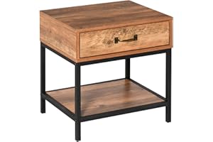 HOMCOM Mesita de Noche Mesa Auxiliar con Cajón y Estante Estilo Industrial para Dormitorio Sala de Estar 48x40x51,5 cm Teca y Negro