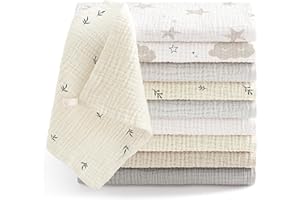 Bearmoss Muselinas Bebe 25x25cm,10 Piezas 100% Algodón Super Suave Transpirable y Extremadamente Absorbente Gasas para Bebes, Muselinas de Algodón para Recién Nacidos Bebés (Damasco grisáceo)