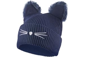 AWAVM Czapka beanie z kocimi uszami, damska urocza dzianinowa czapka zimowa z pomponem ze sztucznego futra, miękka wełna, idealny prezent dla czarnego kota na Halloween i do noszenia na co dzień,
