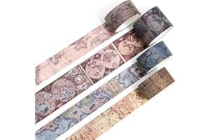 KAVI' S 4 Rollos Cinta Adhesiva Vintage, Decorativas Obras de arte inspiradas Washi Tape Set para Scrapbooking, Manualidades, Marcos de Fotos, Bullet Journal y Decorar Regalos (Maps)