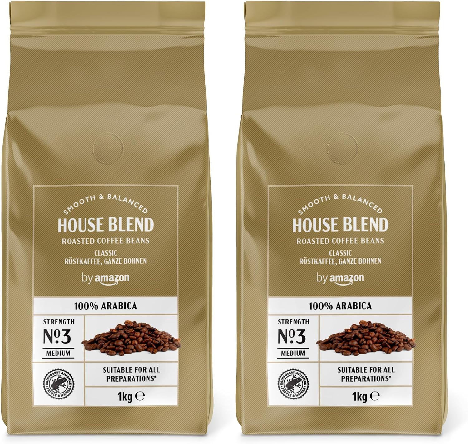 by Amazon House Blend Grains de café, 100% Arabica, Torréfaction Moyennement Poussée, 2kg, 2 lot de 1kg - Certifiés Rainforest Alliance