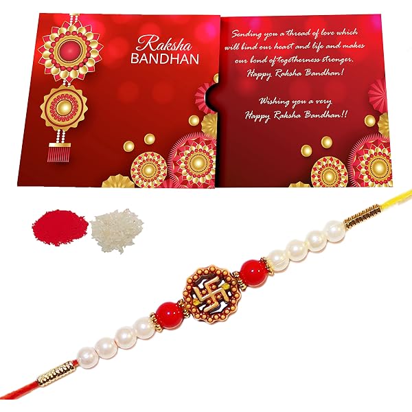 ACCESSHER Traditional Orange Beads Rakhi Set For Brother - Pack Of 12 With Roli, Kumkum & Greeting Card - View #8