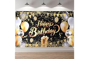 ANOMM Striscione di Compleanno, Compleanno Festa Decorazioni Oro Nero, Fondale per Decorazioni del Buon Compleanno Decorazione, per Festa di Compleanno Donna Uomo (180 x 110 cm)