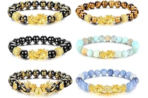LOLIAS 6 Pulseras Feng Shui Pixiu Good Luck Para Hombres Mujeres Piedra Natural Ojo de Tigre Pulsera De Cuentas Pi Yao Dragón Chino Encanto Ajustable Obsidiana Negra Juego de Pulseras de Riqueza