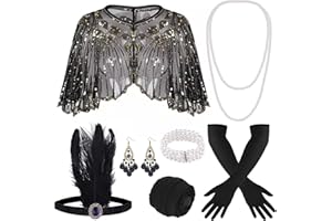 ELFIN 10-Piece 1920s Flapper Great Gatsby Accessories Set Fashion Roaring 20's Theme Set with Headband, Headwear, Long Black Gloves, Necklace Costume Vintage Accessories Ladies