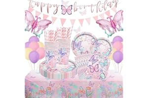 Komicea Butterfly Party Tableware Set, Paper Plates Children's Birthday Party with Balloons, Butterfly Decoration Birthday, Paper Plates Cups Napkins Tablecloth for Birthday Decoration Girls Party 16