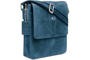 J. Wilson London 100% Pure Genuine Real Vintage Hunter Leather Handmade Mens Women Leather Flapover Everyday Crossover Shoulder Work iPad Messenger Bag (Distressed Blue)