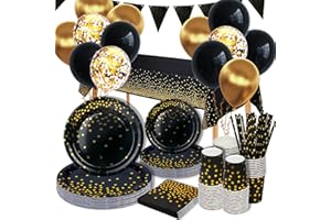 GOLDNICE Stoviglie Piatti Festa per Feste Compleanno Nero e Oro, 25 Ospiti Set Piatti di Carta e Bicchieri con Tovaglioli, Tovaglia, per Baby Shower Matrimoni Anniversari Laurea Natalizi Feste Decorazione