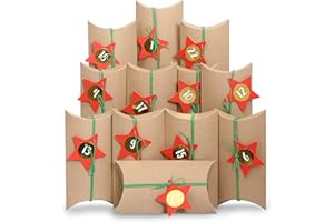 PAPIERDRACHEN 24 cajas de almohadas del Calendario de Adviento - con etiquetas de decoración y pegatinas de números - Tiempo de Navidad - oro - 24 cajas de almohadas de cartón - para rellenar y diseñar