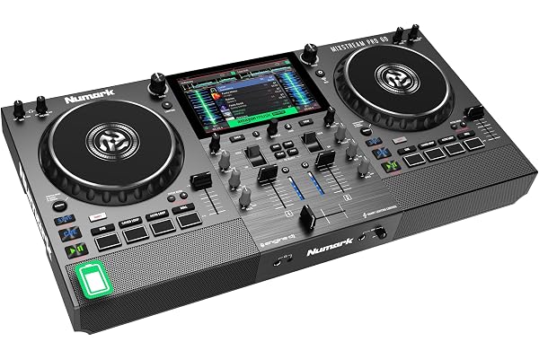 Numark Mixstream Pro Go contrôleur DJ portable à batterie, mixeur avec séparation Stems, haut-parleurs, Wi-Fi, écran tactile, compatible Serato DJ