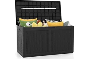 GOPLUS Coffre de Rangement Extérieur Étanche 380 L, Coffre Banc Jardin Exterieur avec 2 Roues, pour Balcon Terrasse, Coussins, Jardinage, Outils, Accessoires, Charge 200KG (Noir,111x56x61-380L)
