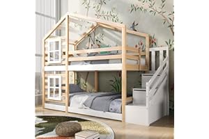 LATICO Kinderbett Hochbett für Kinder mit Schublade und Rausfallschutz, Kiefernholz Haus Bett for Kids mit Leiter, 2X Lattenrost Natur & Weiß - 244.5 x 96 x193 cm (B/H/T)