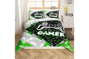 LOUSSIESD 2-częściowy zestaw pościeli z poszewką na kołdrę i 1 poszewką na poduszkę z motywem gier wideo, zielony i czarny, pojedyncze łóżko