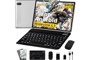 UJJ Tablet 10 Pollici Android con 20GB RAM+128GB ROM (TF 2TB), 5G WiFi 6, Octa-Core, GMS, Bluetooth 5, 5MP + 8MP, 1280 * 800 FHD IPS, 2.0 GHz, 2025 Newest Tablet Widevine L1 con Tastiera e Mouse - Silvery
