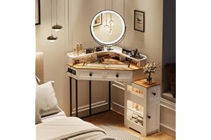 ‎FREDEES FREDEES Eckschminktisch mit Spiegel und Beleuchtung, Schminkset mit Ladestation für Schlafzimmer/Garderobe, Schminktisch mit Glasplatte, Schubladen und Regalen Weiß