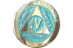 RECOVERYCHIP 4 Year Elegant Glitter Aqua Turquoise Gold Silver Bi-Plated AA Medallion Chip IV