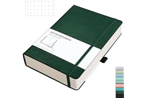 RETTACY A5 Bullet Dot Grid - Dotted Notebook With 320 Numbered Thick Journal Leather Hardcover 100gsm Paper Pen Holder, Inner Pocket, 2 Free Journal Stencils 14.5 x 21cm - Green