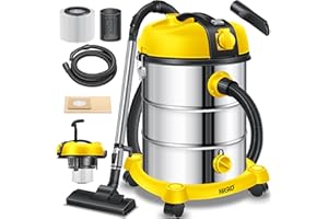 MASKO® Aspiradora industrial en seco y húmedo, de acero inoxidable, 2300 W, con enchufe, función de soplado, Push&Clean, con y sin bolsa, sin bolsa, amarilla