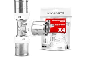 BOOPARTS - 4 pezzi Pressfitting T 20 – 20 – 20 mm ottone – Connettore a T per tubo composito multistrato – Connettori per tubi sanitari, riscaldamento e acqua potabile