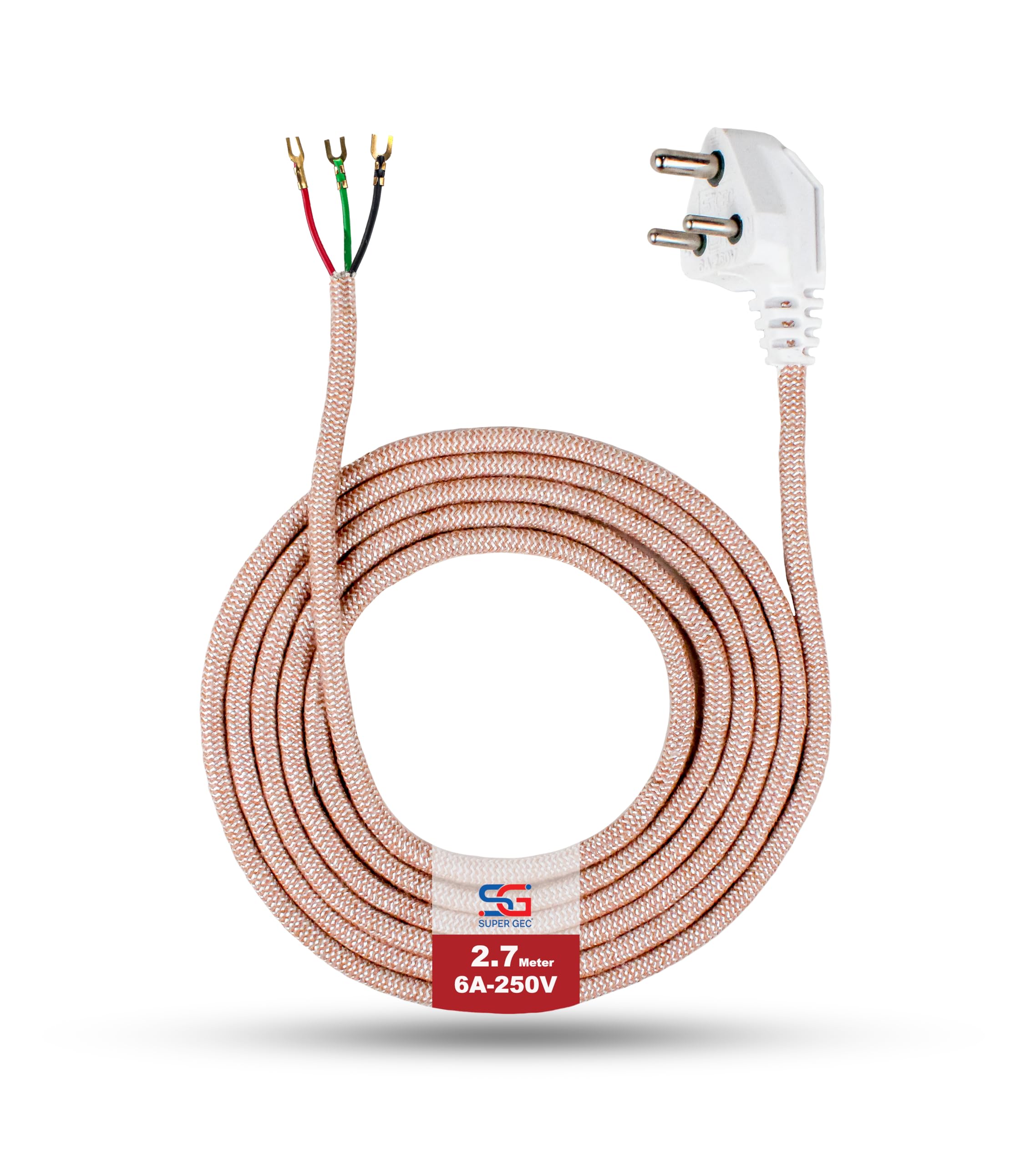 Super GEC Multi Purpose Iron Press Power Cord | 3 Pin Top 6A 250V | 100% Pure Copper Wire | Suitable for Iron Presses, Kitchen appliances, Power Tools, and More. (2.7M Golden)