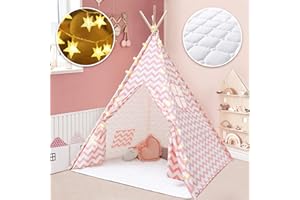TINY LAND Tipi Enfant avec Tapis & Lumières- Grande Maison de Jeu Pliable Solides intérieure extérieure- Chevron Rose Toile Enfants Jouent Tente