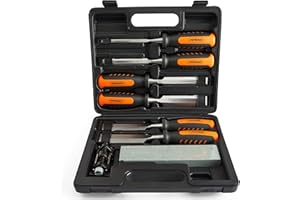 VonHaus Chisel Set - 8pcs Woodworking Tools Set - Wood Carving Tools, Wood Chisel Sets with Sharpening Stone, Honing Guide and Storage Case - Chrome Vanadium, Bevel-Edged Chisel Set