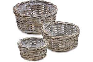 ‎SPETEBO Spetebo Pflanzschale aus Rattan im 3er Set - 30/26 / 21 cm - Blumentopf mit Folie ausgekleidet - Garten Deko Pflanztopf Weidekorb Blumenkorb Pflanzkorb Flechtkorb für Blumen