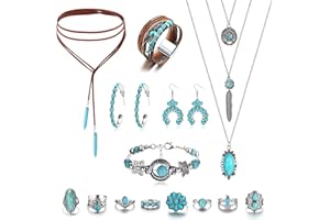 ORAZIO 13PC Ciondolo Gioielli Turchese Bohemien Collana Girocollo Lunga in Pelle Scamosciata Orecchini Pendenti con Dichiarazione Turchese Bracciale Polsino in Pelle con Anelli a Nocche Impilabili Set