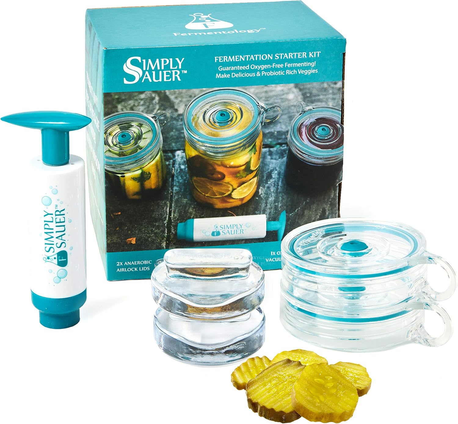 Fermentology Kit de Fermentación para Principiantes Simply Sauer - Compatible con Tarros de Boca Ancha - Incluye Pesas, Tapas, Bomba