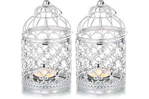 NUPTIO 2 Piezas Decorativas Velas Linternas Jaula De Aves Metal Ahueca hacia Fuera Decorativa Jaula De Hierro Portavelas Colgante Linterna, Plata