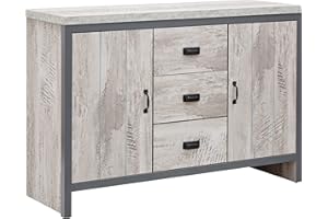GFW Boston Sideboard Unit With 3 Storage Drawers & 2 Door Storage Cabinets & Adjustable shelves, Contemporary Grey Wooden Oak Sideboards For Living room, Kitchen, Bathroom, 113W x 39D x 74.6H cm