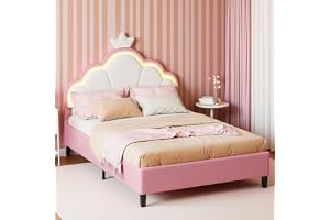 DAHUEN Barnsäng, klädsel, 140 x 200 cm, prinsessa, sängram för flickor med LED-justerbar sänggavel, enkelsäng i krona med ribbotten, ungdomssäng, flicksäng (rosa, 140 x 200 cm)