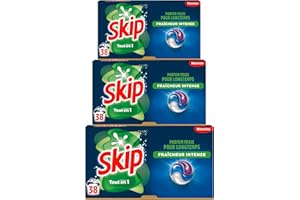 Skip Lessive liquide en capsules Fresh Clean 3 en 1, 114 lavages, résultat impeccable et fraîcheur longue durée, sans emballage plastique (lot de 3x38)