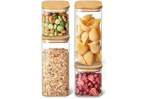 Praknu 4 Barattoli Cucina in Vetro con Coperchio - Quadrati con Coperchi in Bambù - Ermetici per Alimenti - Contenitori in Due Dimensioni