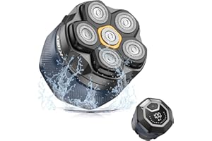 Rasoio testa calva, Kibiy Rasoio Capelli Uomo Testa Calva con 6 Testine di Rasatura Magnetiche, Impermeabile IPX7 per Calvizie con Indicatore LED, Ricaricabile Type-C