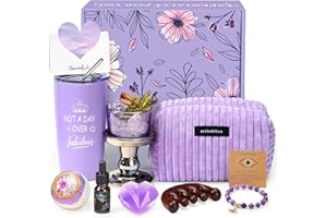 TINKERPLAY Lila Geschenke für Frauen mit Amethyst Stein Aroma Diffuser Kristalle Oil Trinkbecher mit Strohhalm, Wellness Entspannung Geschenk für Frauen, Badeset Geschenkkorb für Freundin Mama Schwester