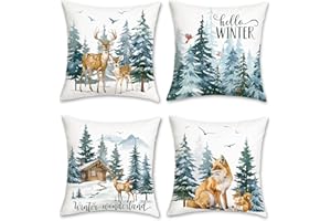 Bonhause Federe per Cuscini Inverno Animali 45 x 45 cm Copricuscini Decorativi Natale Renna Volpe Scoiattolo Pino Federa per Cuscino Divano Letto Casa Vacanze Decorazione Set di 4
