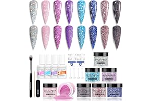 ETYJO 8 Colours Dip Powder Nail Kit, Glitters Color Nail Dipping Powder Set with Base/Top Coat, Activator and Brush Saver, Nail Powder Dip Kit Home DIY Nails Art System Mothers Day Gifts