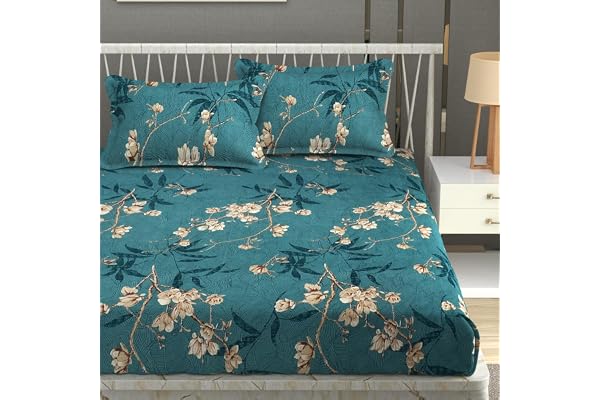 Vram Premium Heavy Cotton Elastic Fitted Bedsheets with 2 King Size Pillow Covers Double Bed with All Around Elastic 350 TC 72 x 78 x 10 Inch King Size Fitted - Green Flower