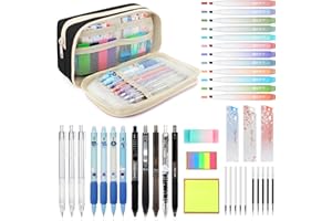 ESSALOO Pencil Case with Stationery Included, 40Pcs School Stationery Set with 12 Highlighters, 3 Mechanical Pencils, 5 Gel Pens & 4 Erasable Pens, School Stationary Supplies & Pencil Case Set, Black