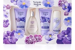 TULIPAN NEGRO Tulipán Negro - Sweet Violeta, Estuche de Regalo Unisex, Colonia 50 ml + Loción Corporal 75 ml + Gel de Baño 75 ml + Desodorante Spray 50 ml, Fragancia Dulce y Floral de Larga Duración