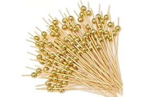 LIERFIS 200 Pezzi Stuzzicadenti Cocktail, 12CM Stecchini per Aperitivo, Spiedini da Cocktail in Bambù per Bevande, Frutta, Salumi, Panini, Guarnizione da Bar, Cibo da Festa,Oro