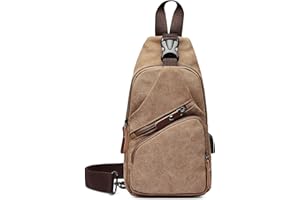 VARLIVOO Vintage Men's Sling Bag Canvas Chest Bag with USB Charging Port Sports Shoulder Bags Hiking Crossbody Bag Anti-Theft Sling Backpack Casual Daypack for Travel Camping Cycling